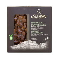 Măsline bio negre in vid, cu ulei de măsline  extravirgin, 500g Mănăstirea Vatoped Măsline bio negre in vid, cu ulei de măsline  extravirgin, 500g Mănăstirea Vatoped