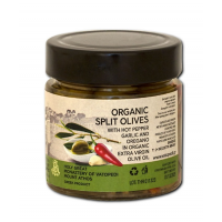 Masline BIO verzi - cu ulei de masline, ardei iute, usturoi si oregano - 250 gr Masline BIO verzi - cu ulei de masline, ardei iute, usturoi si oregano - 250 gr